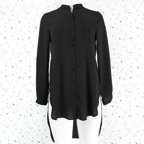 Woven Chiffon Button Up Hi Lo Blouse Shirt Black - Picture 3 of 8